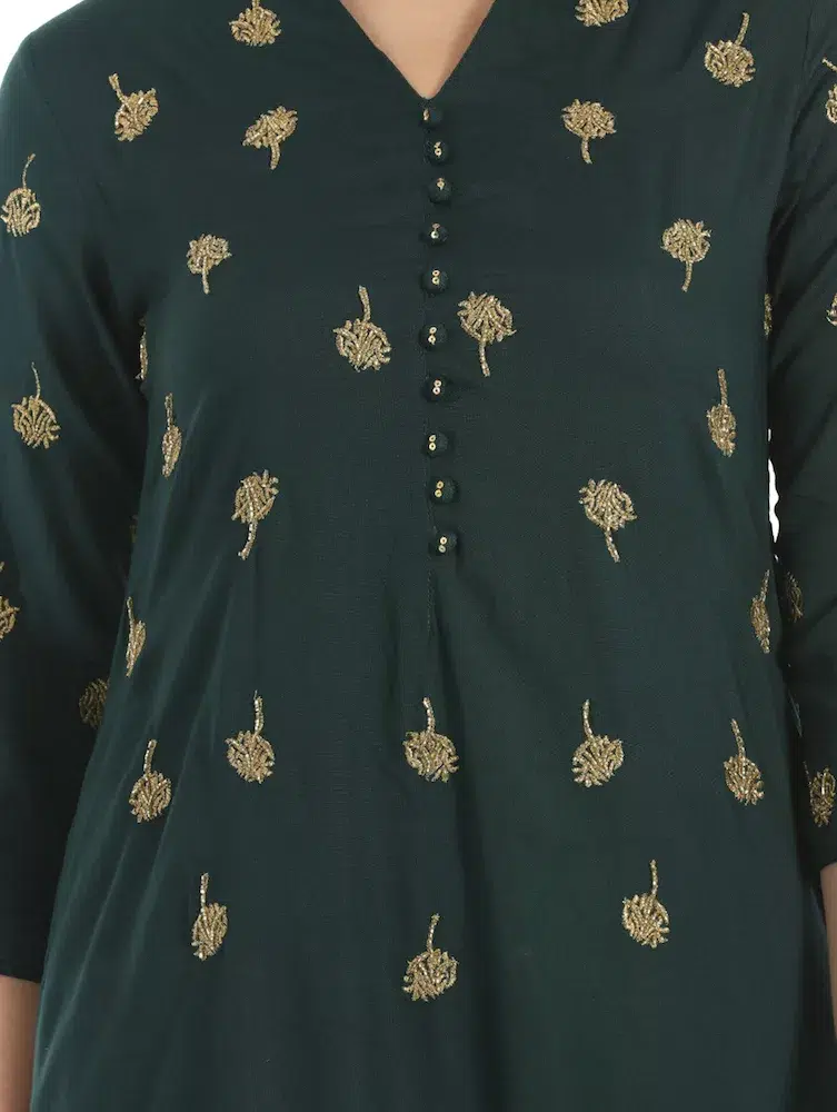 Solid Bottle Green Kurta For Women