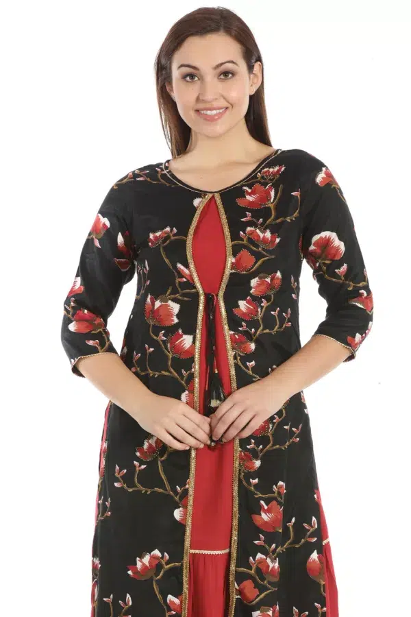 Floral Printed Black And Red Kurti For Women