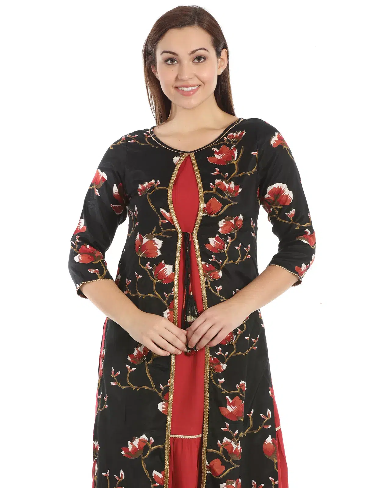Floral Printed Black And Red Kurti For Women