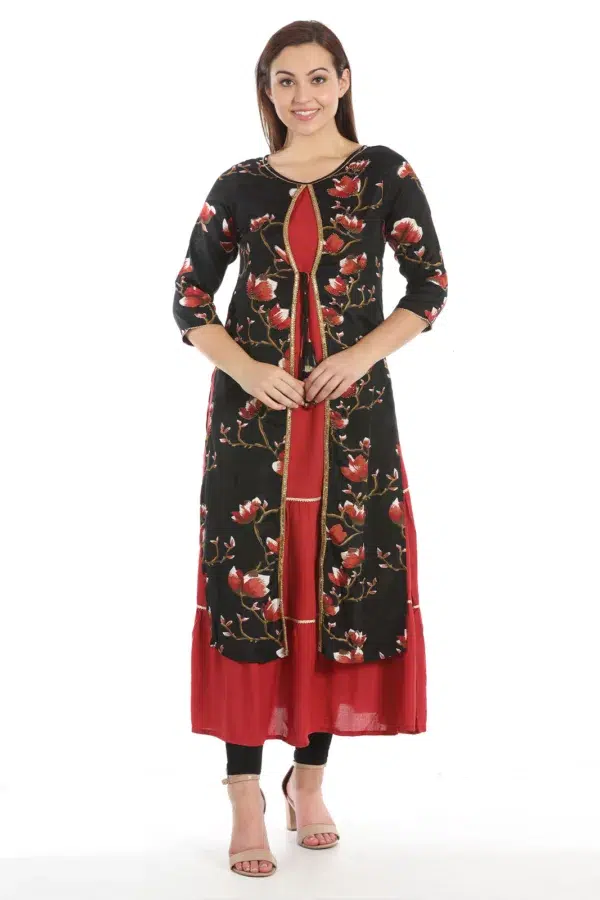 Floral Printed Black And Red Kurti For Women