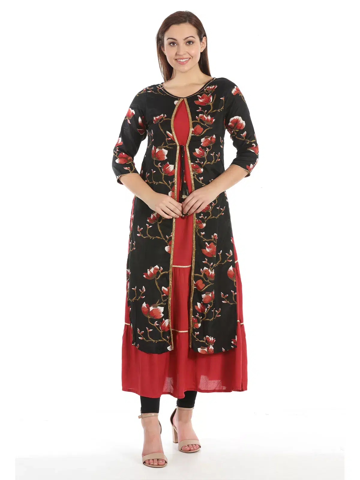 Floral Printed Black And Red Kurti For Women