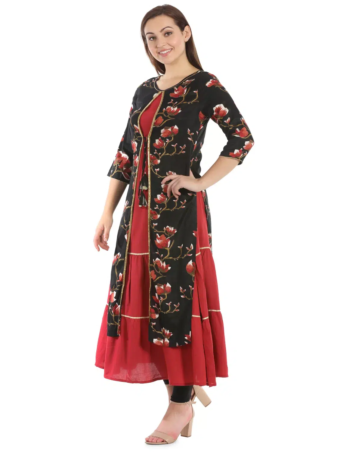 Floral Printed Black And Red Kurti For Women