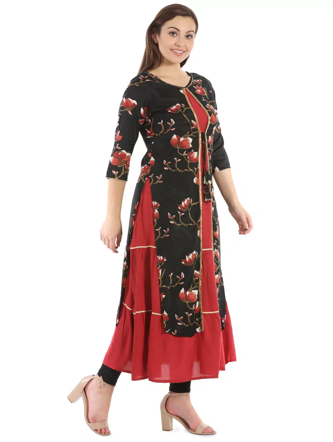 Floral Printed Black And Red Kurti For Women