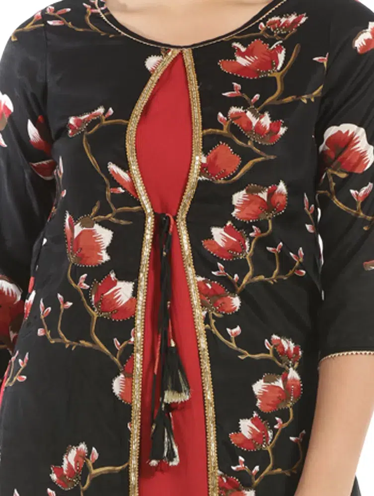 Floral Printed Black And Red Kurti For Women