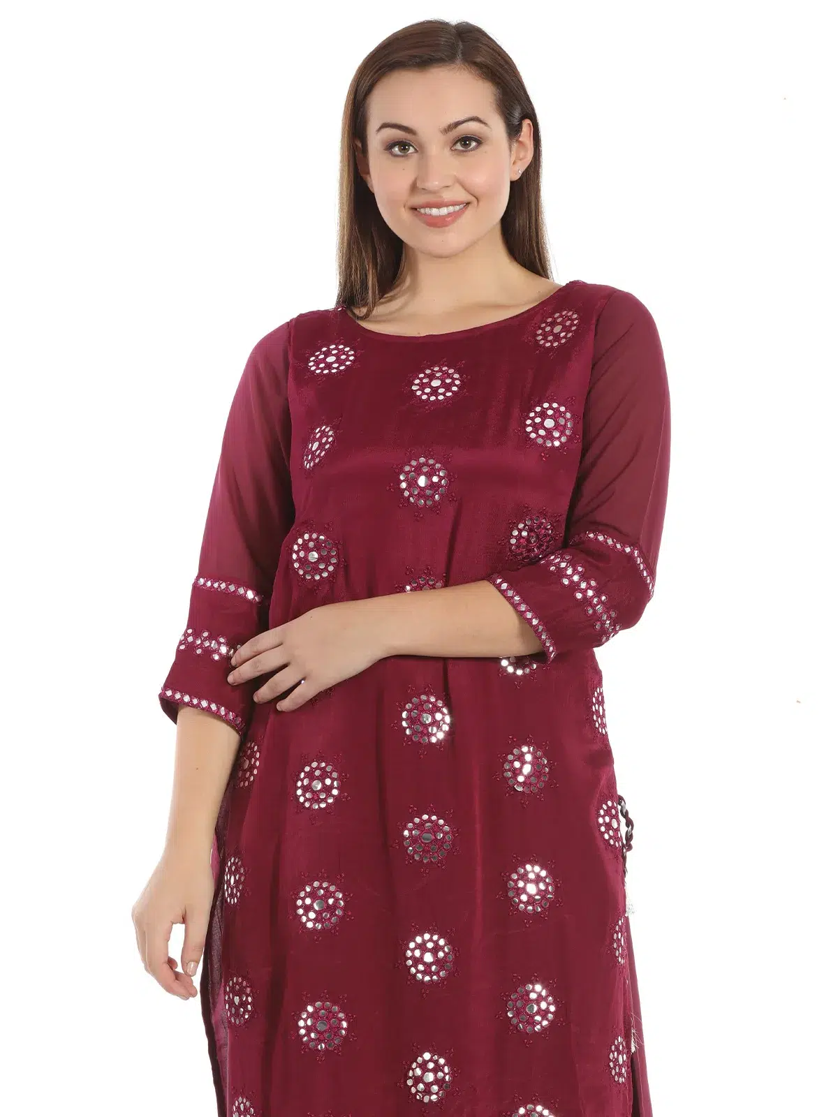 Embroidered Wine Colour Kurta For Women