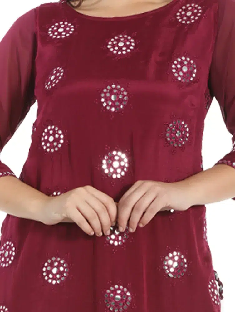 Embroidered Wine Colour Kurta For Women