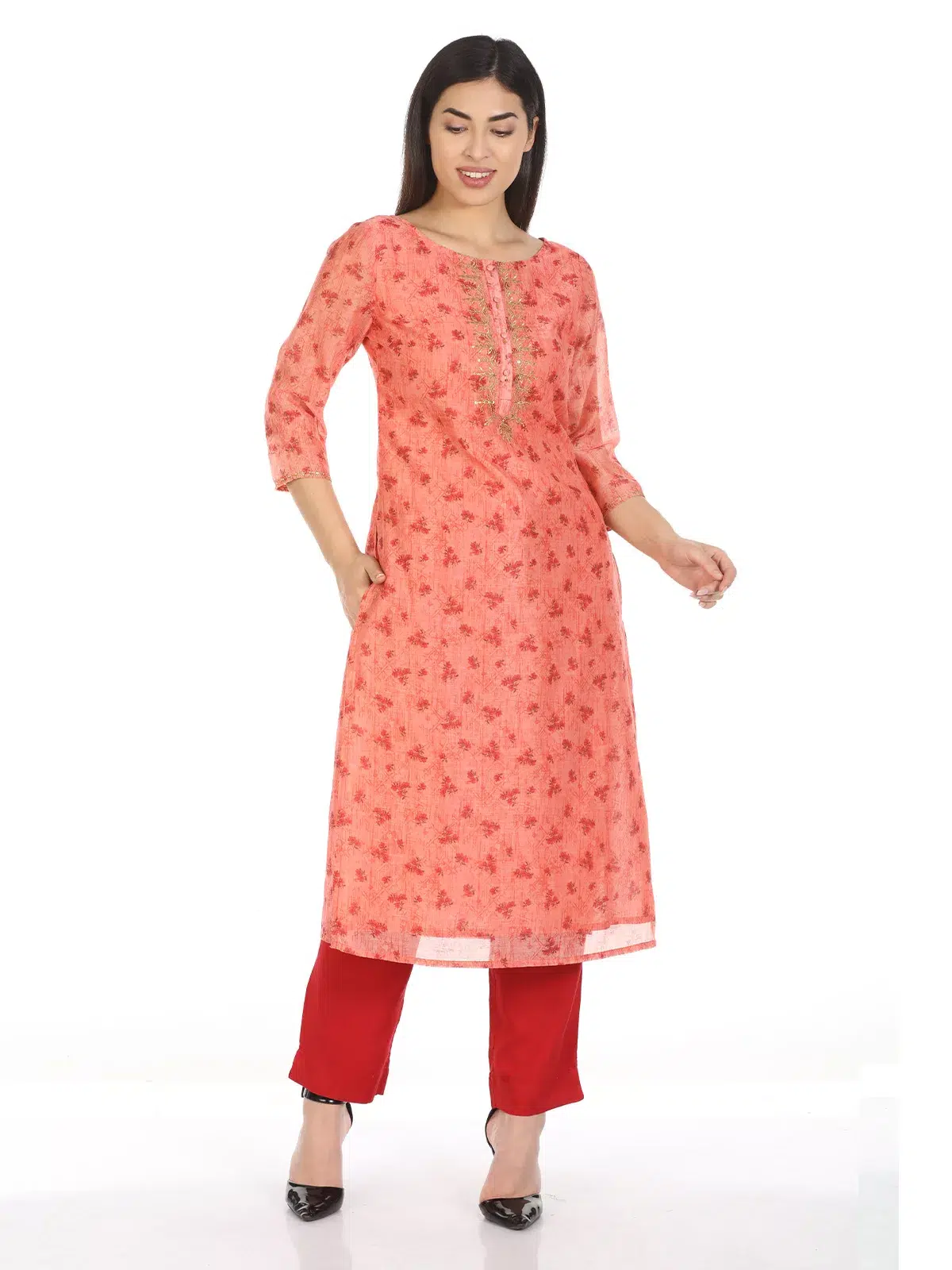 Peach Printed Kurti For Woman