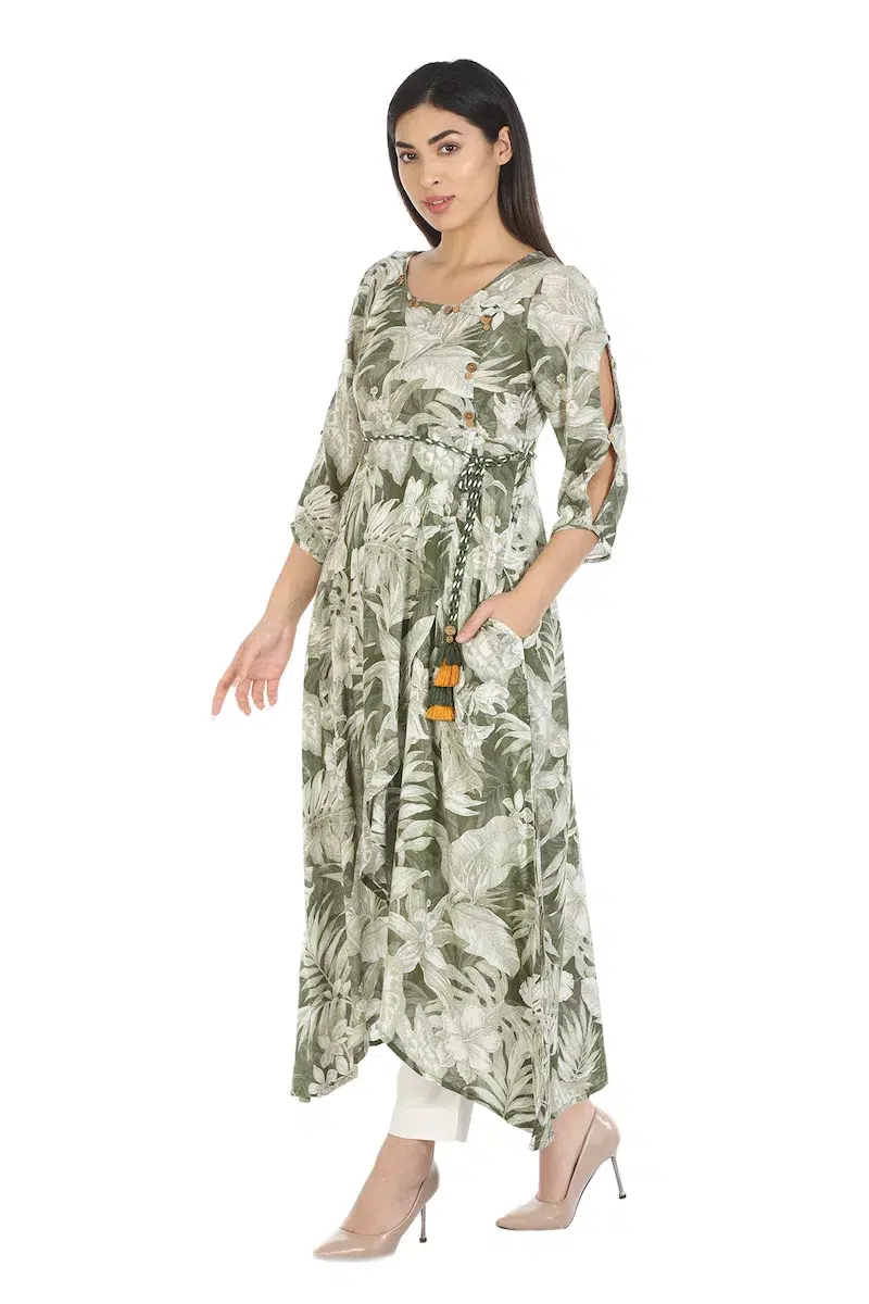 Olive Green Printed Kurta Women
