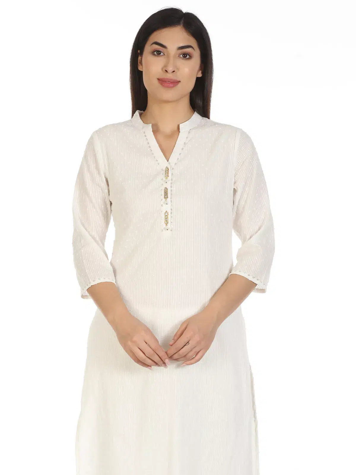 White Textured Women Kurti Long