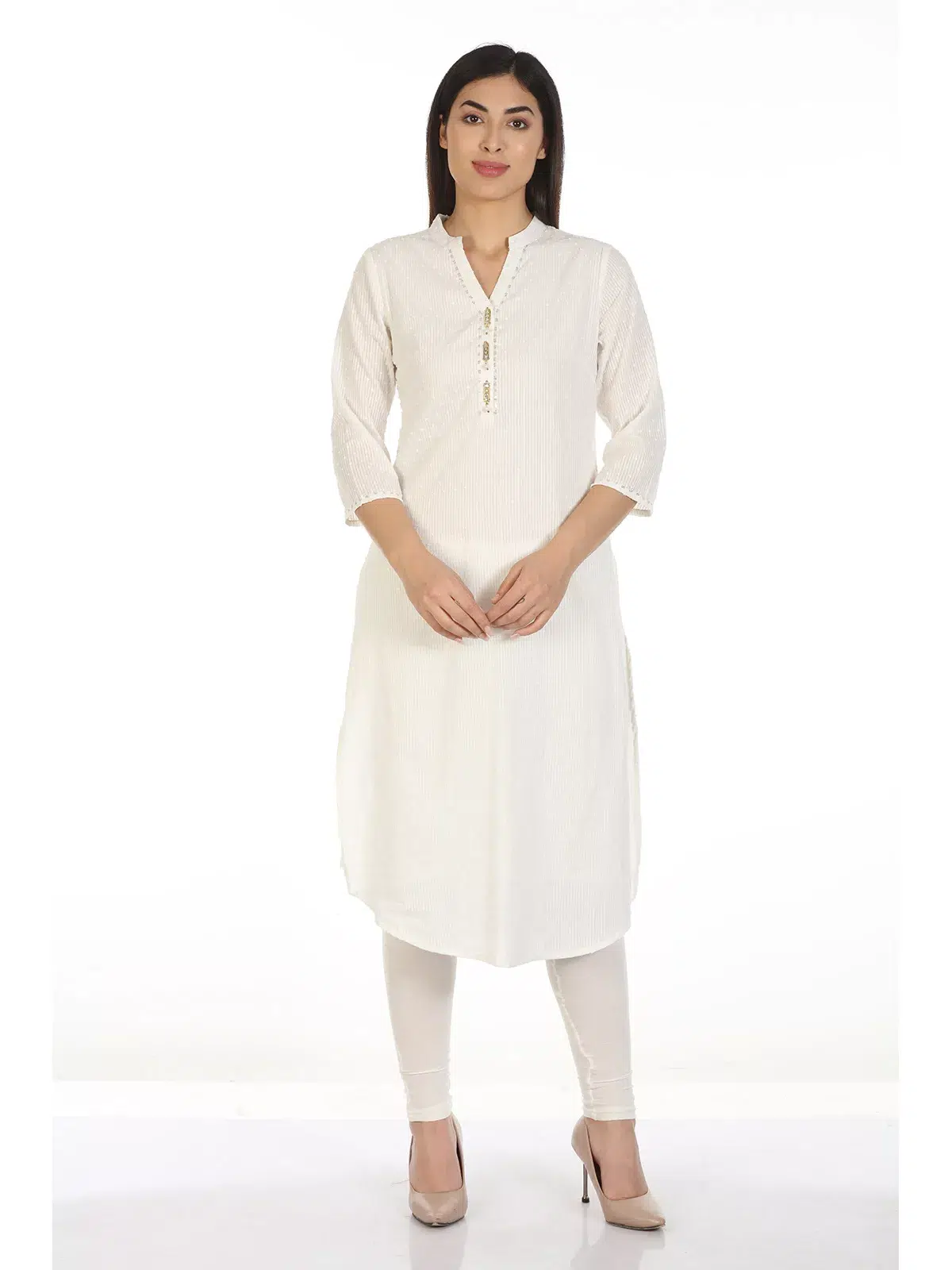 White Textured Women Kurti Long