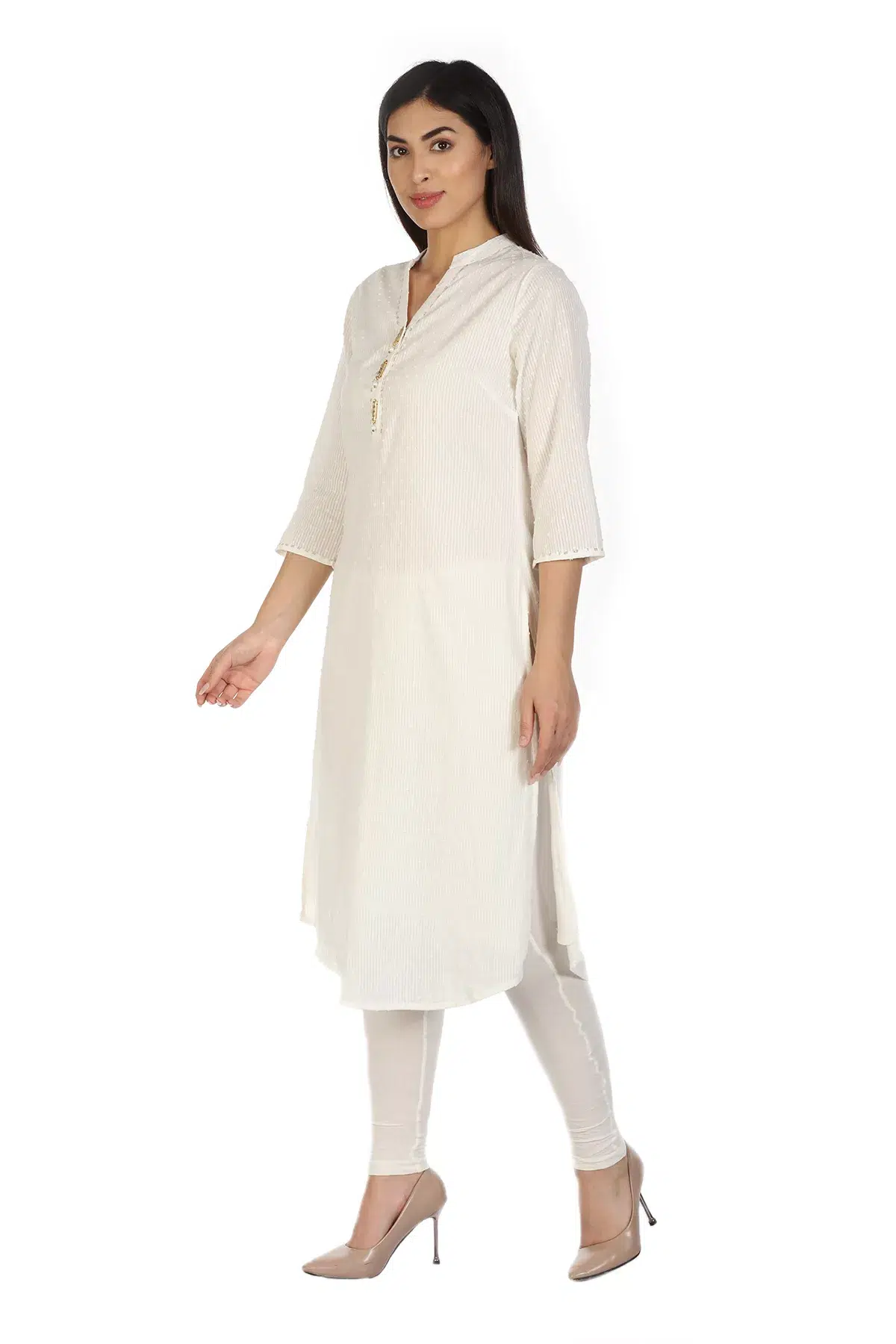 White Textured Women Kurti Long