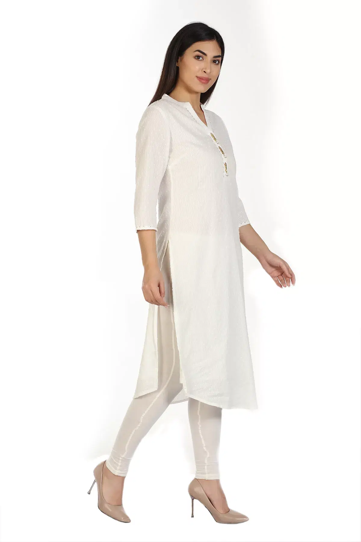 White Textured Women Kurti Long
