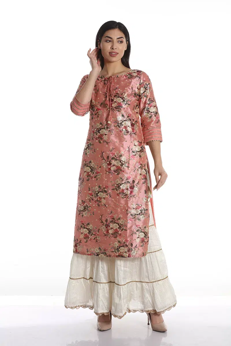 Floral Printed Dark Peach Colour Kurti For Women