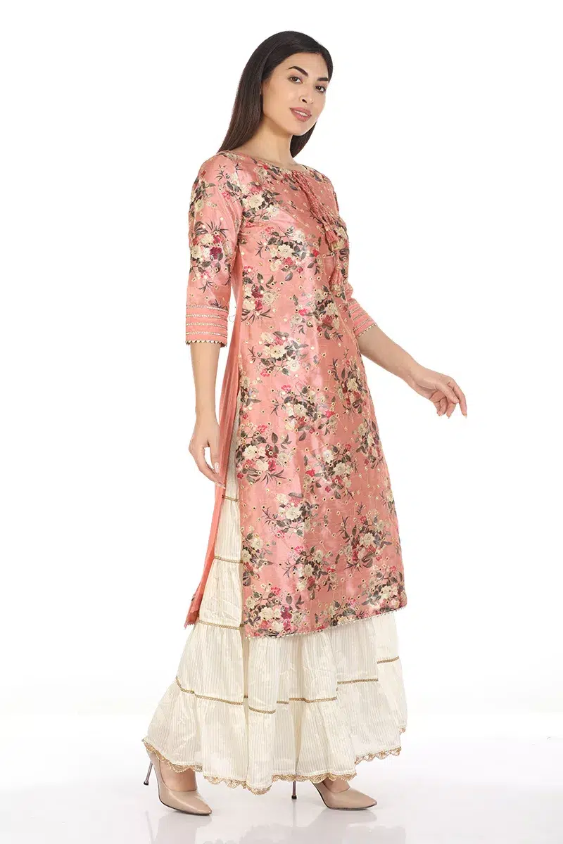 Floral Printed Dark Peach Colour Kurti For Women