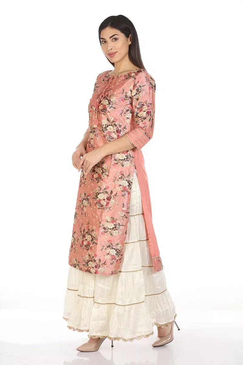 Floral Printed Dark Peach Colour Kurti For Women