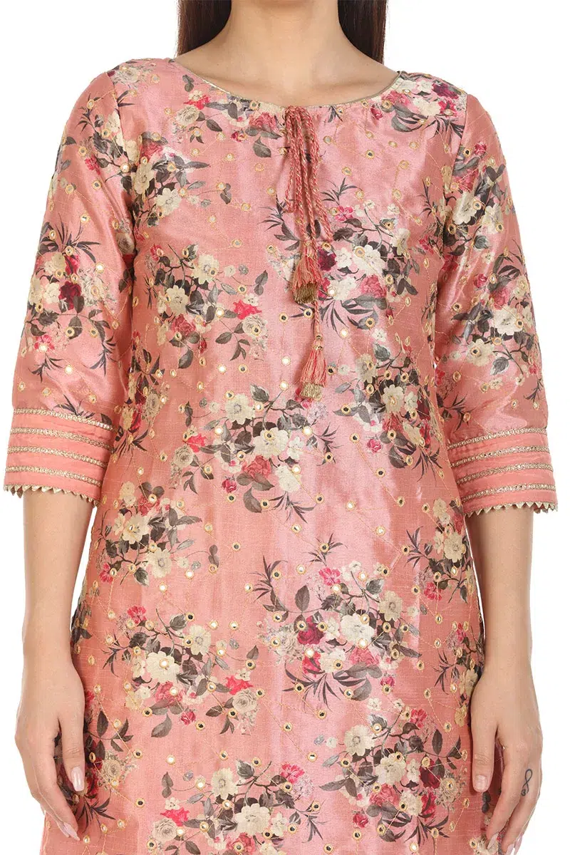 Floral Printed Dark Peach Colour Kurti For Women