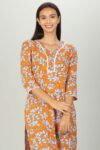 Orange And Light Blue Printed Ladies Kurti Latest