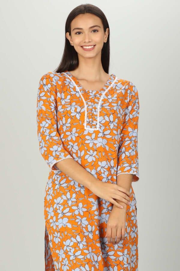 Orange And Light Blue Printed Ladies Kurti Latest