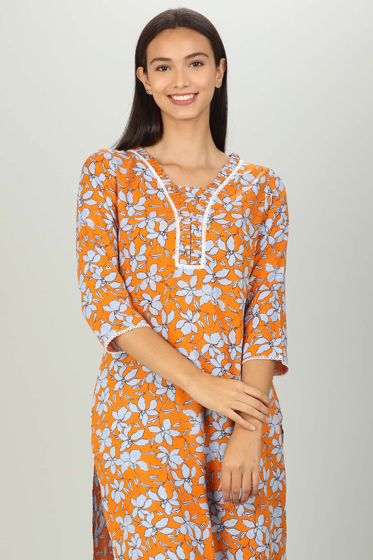 Orange And Light Blue Printed Ladies Kurti Latest