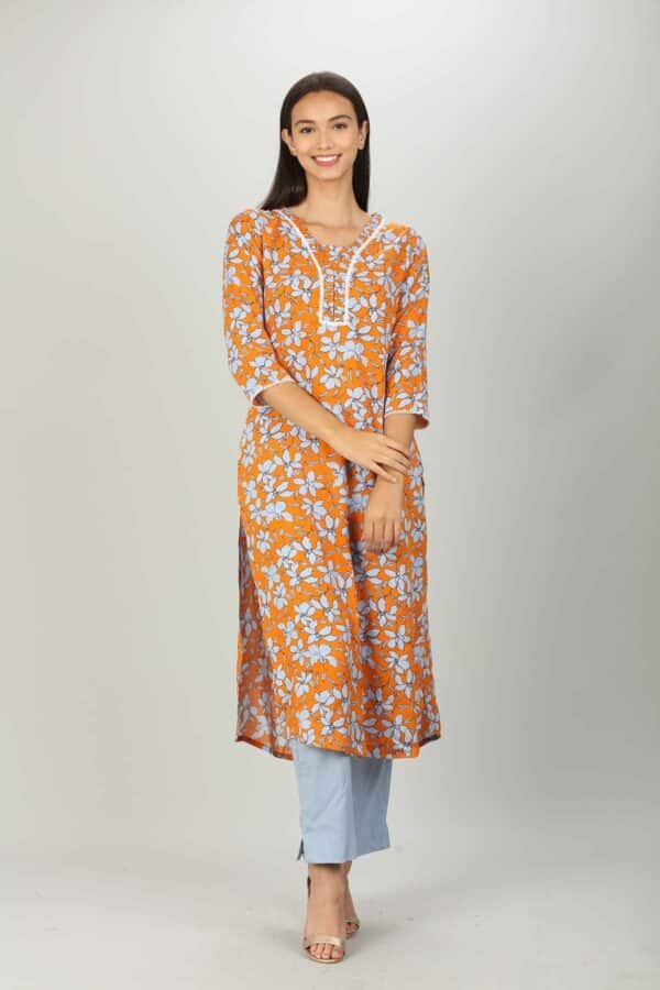 Orange And Light Blue Printed Ladies Kurti Latest