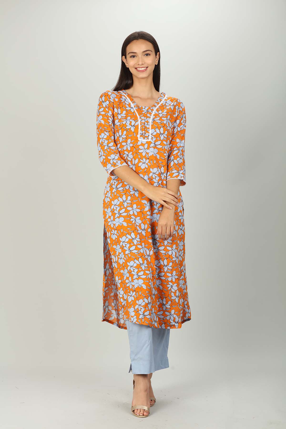 Orange And Light Blue Printed Ladies Kurti Latest