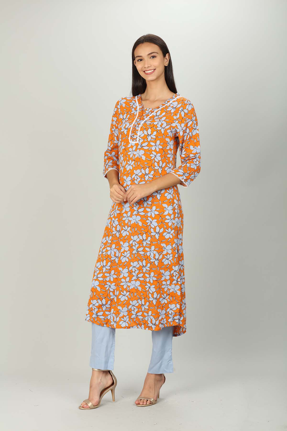 Orange And Light Blue Printed Ladies Kurti Latest