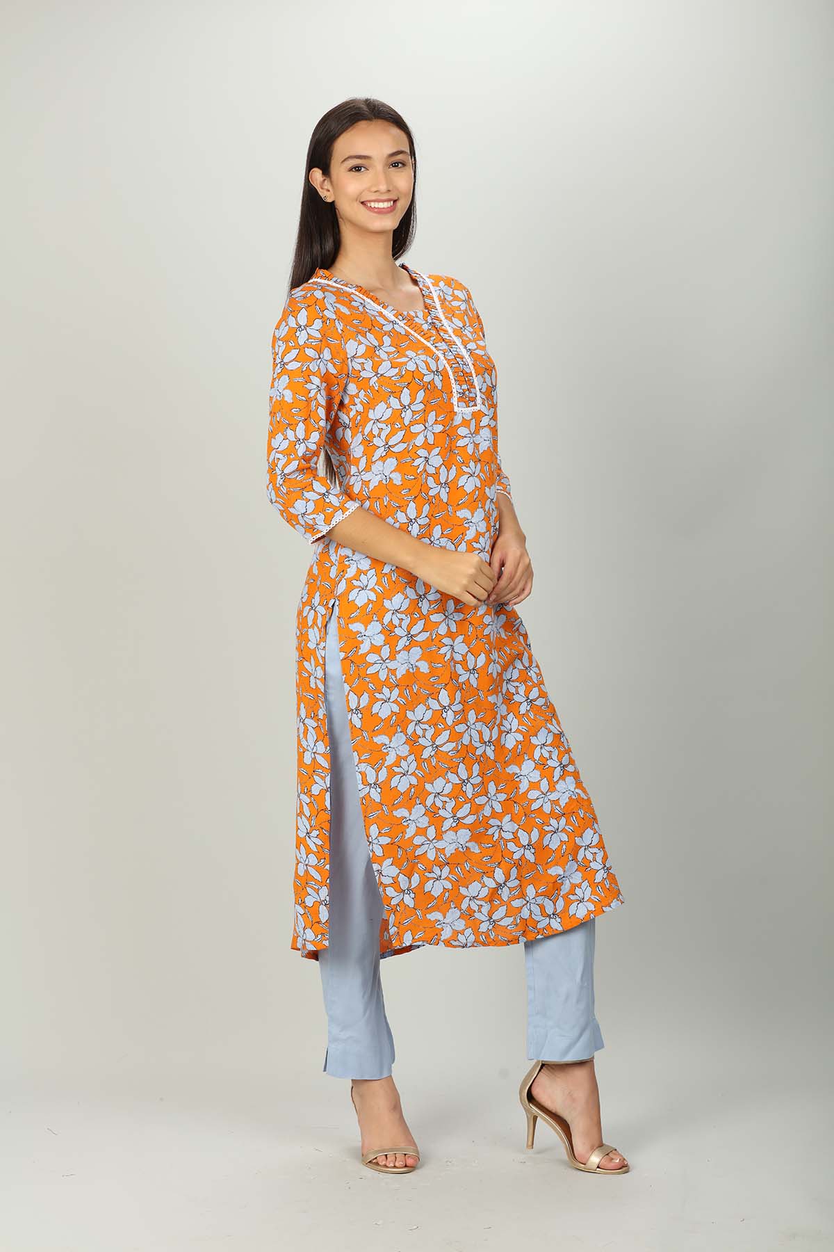 Orange And Light Blue Printed Ladies Kurti Latest