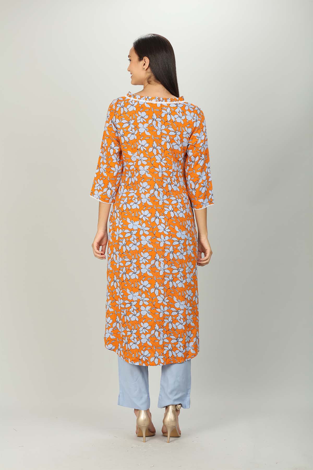 Orange And Light Blue Printed Ladies Kurti Latest