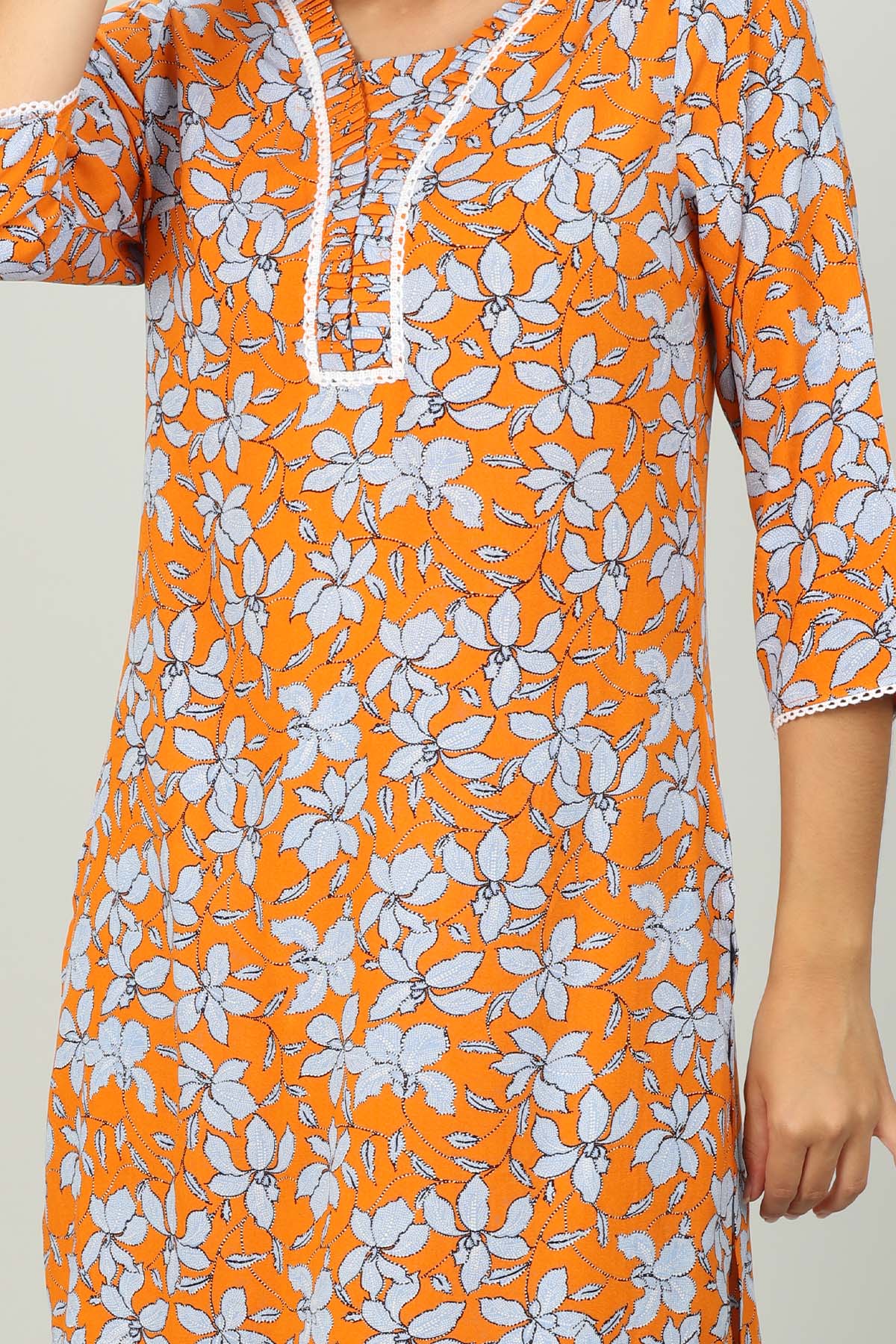 Orange And Light Blue Printed Ladies Kurti Latest