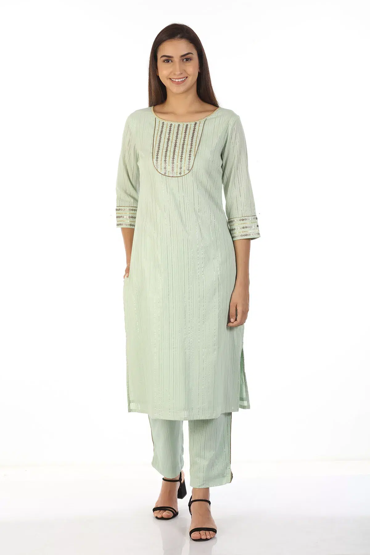 Pastel Green Lace Print Female Kurti
