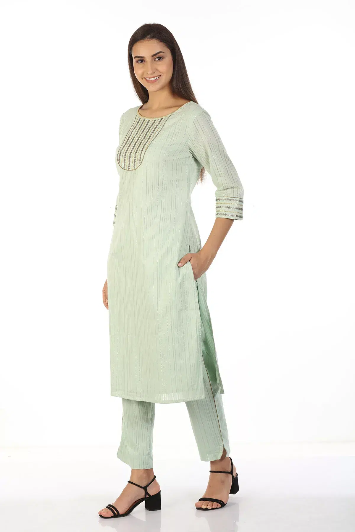 Pastel Green Lace Print Female Kurti