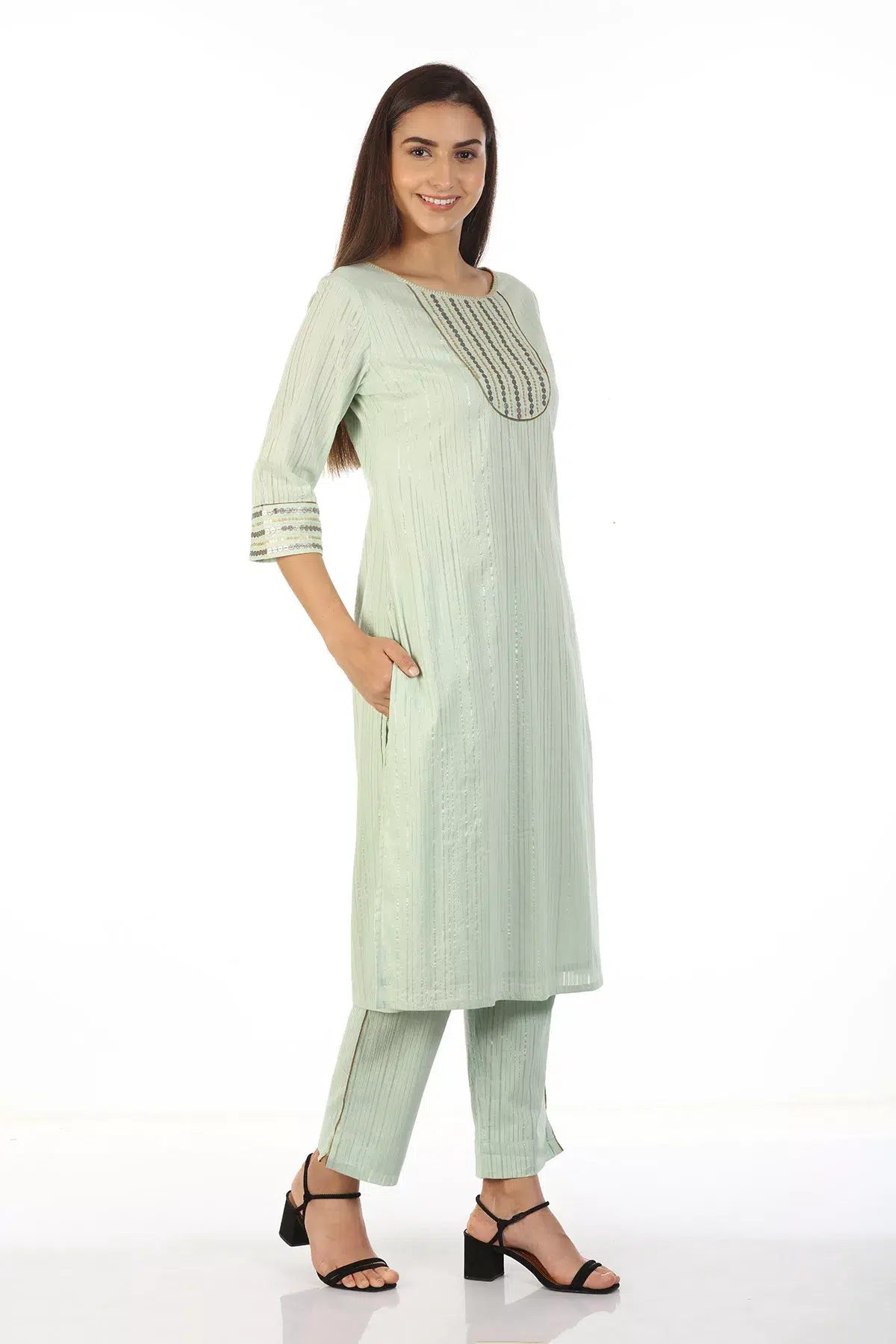 Pastel Green Lace Print Female Kurti