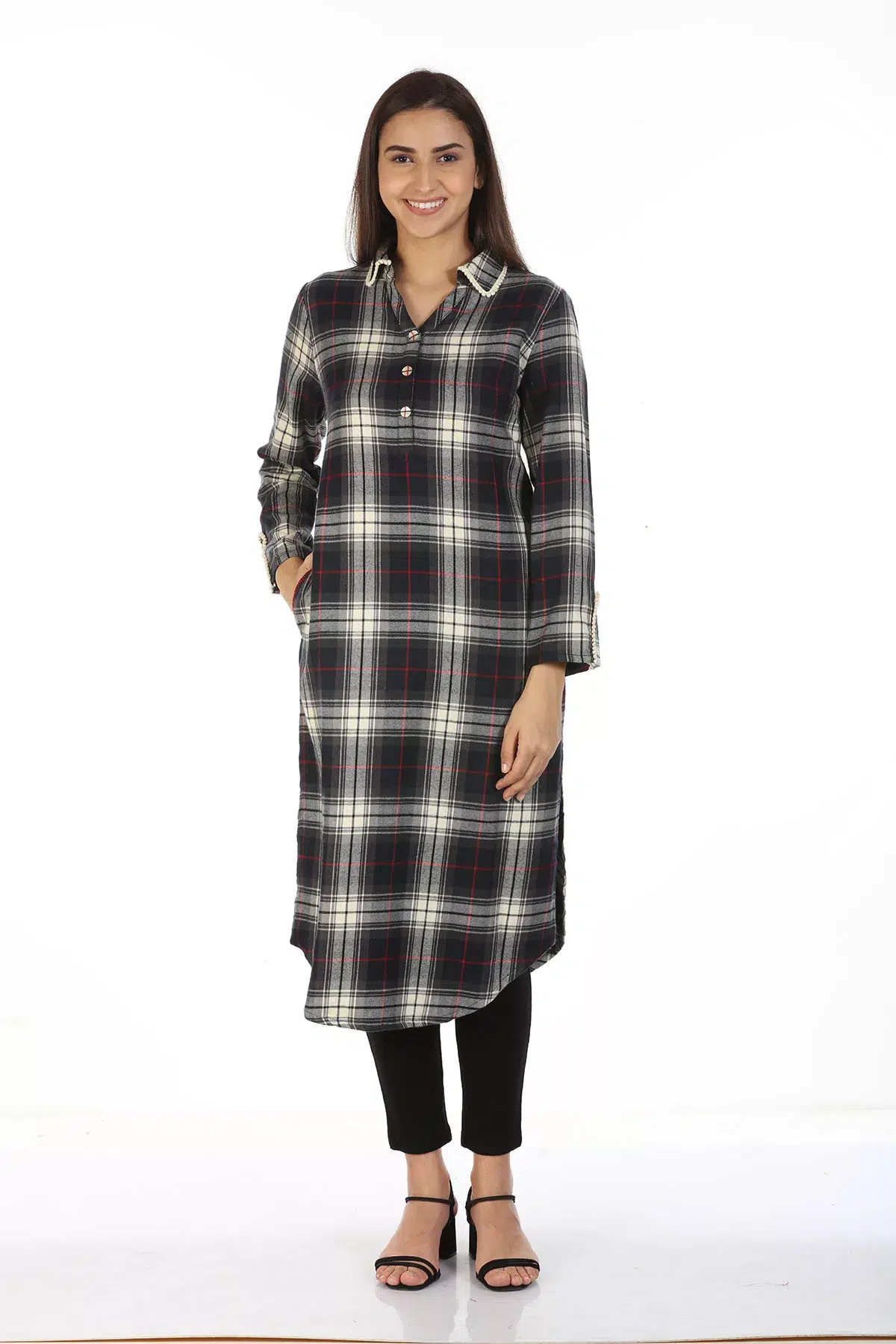Checks Charcoal Black Kurta Ladies