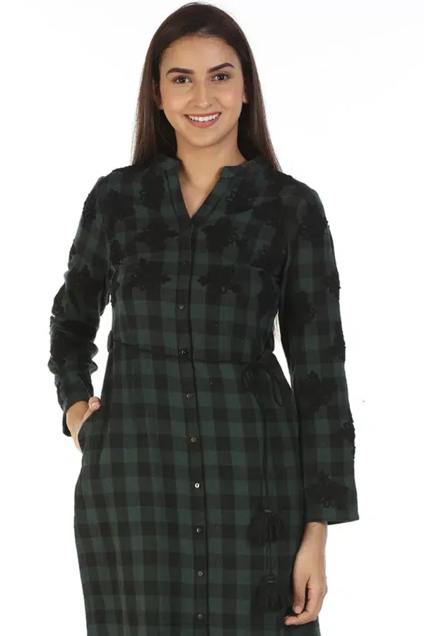 Green Checks Embroidery Women Kurti Long