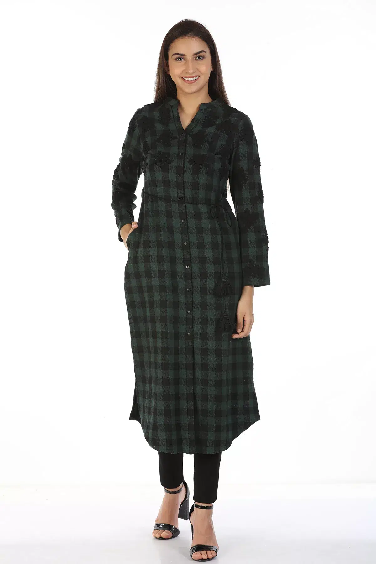 Green Checks Embroidery Women Kurti Long