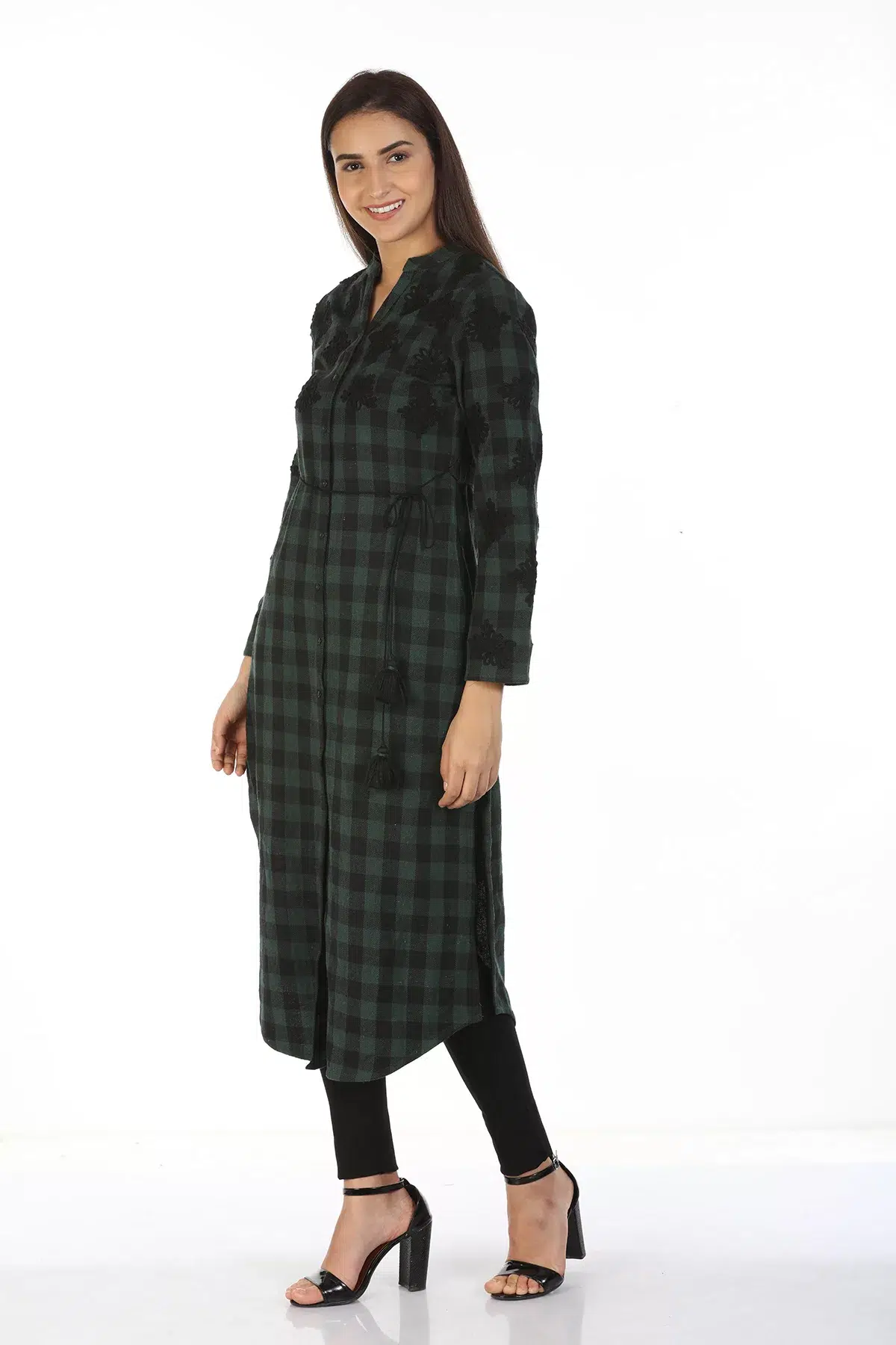 Green Checks Embroidery Women Kurti Long