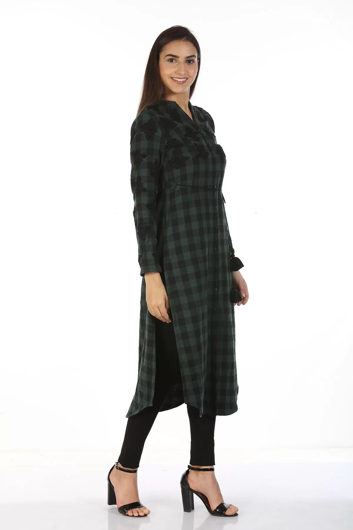 Green Checks Embroidery Women Kurti Long