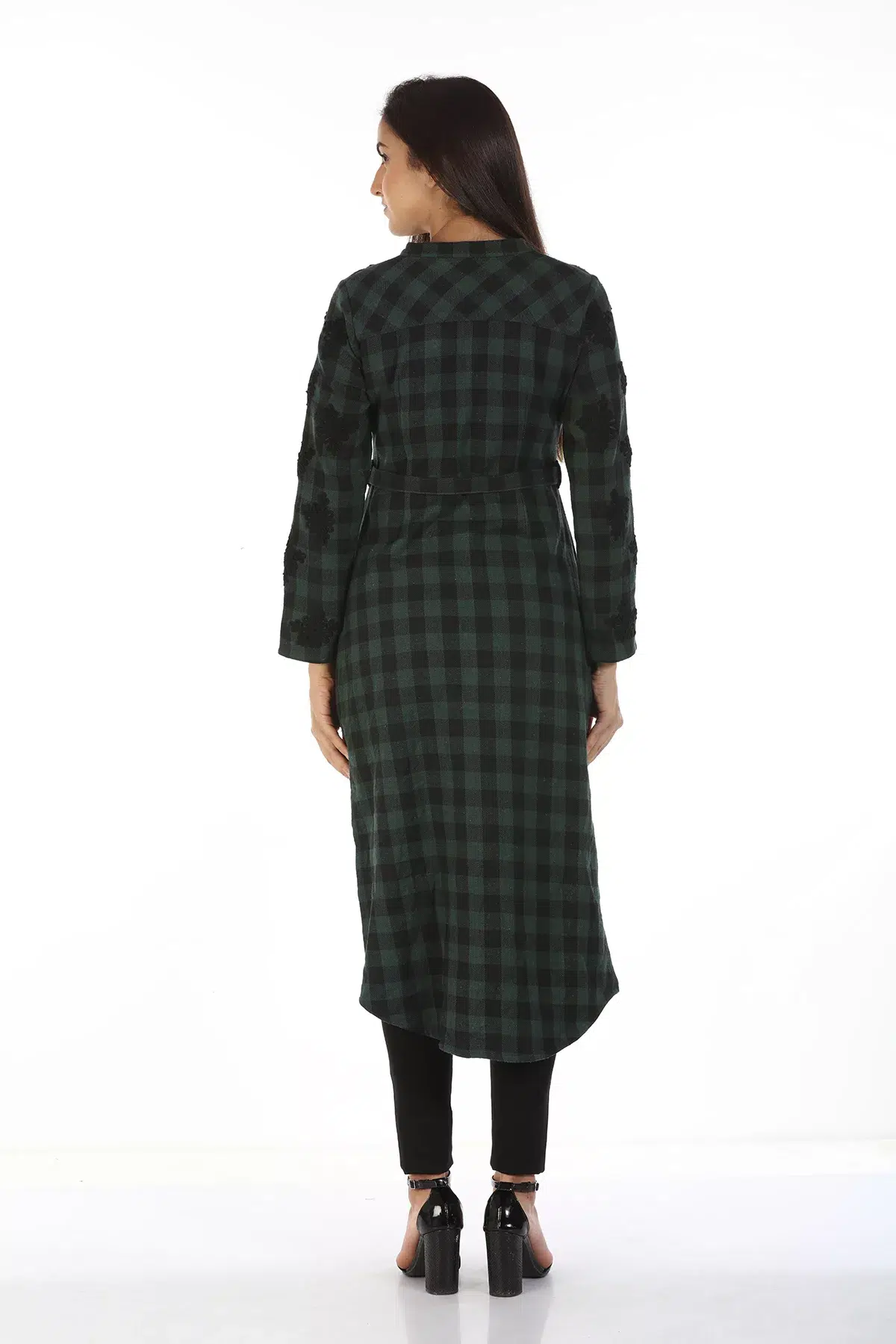 Green Checks Embroidery Women Kurti Long
