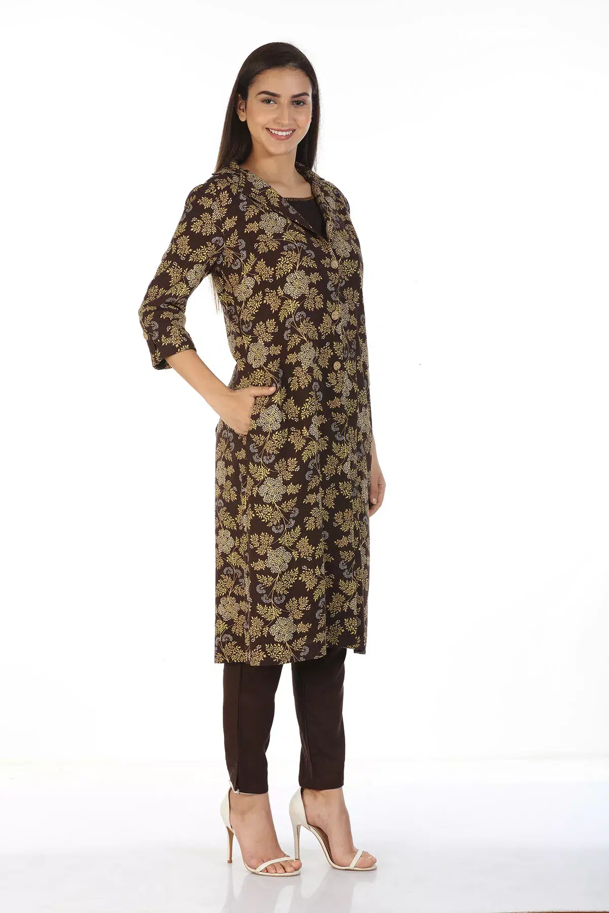 Brown Printed Indian Female Kurta