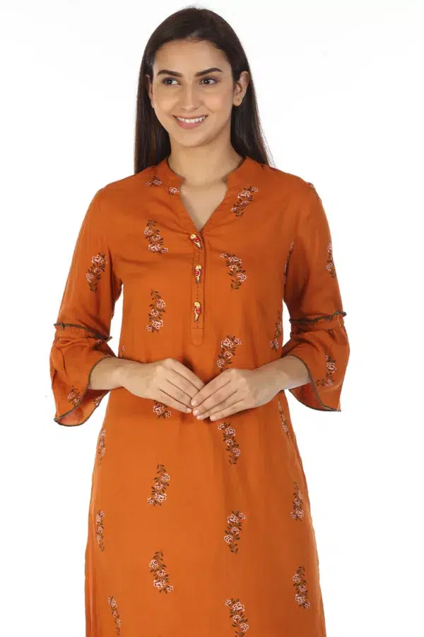 Rust Orange Floral Printed Women Kurta Online