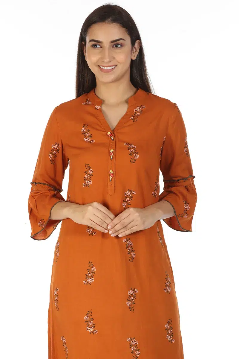 Rust Orange Floral Printed Women Kurta Online