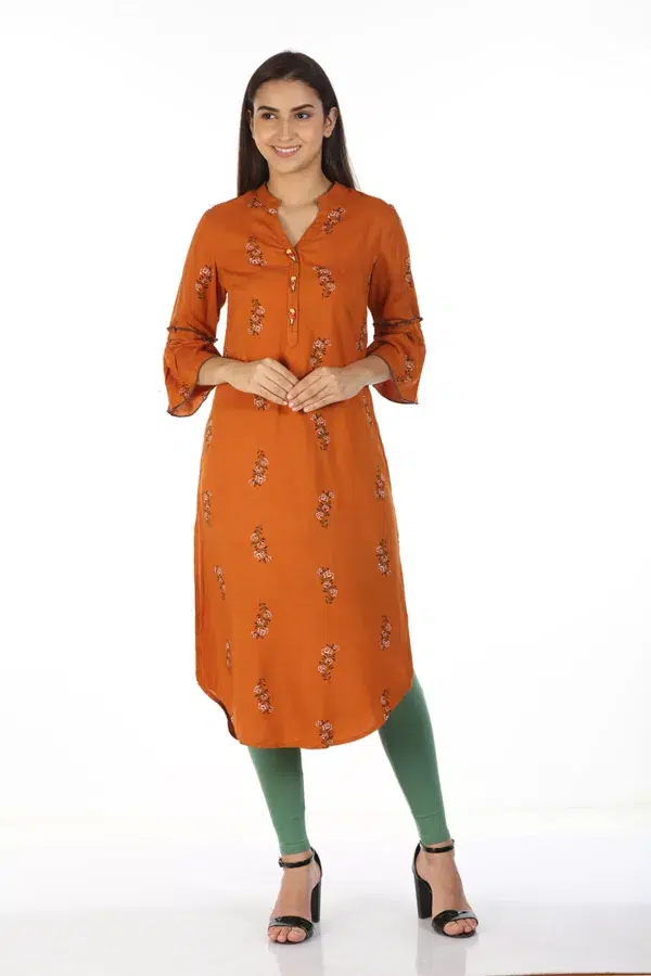 Rust Orange Floral Printed Women Kurta Online