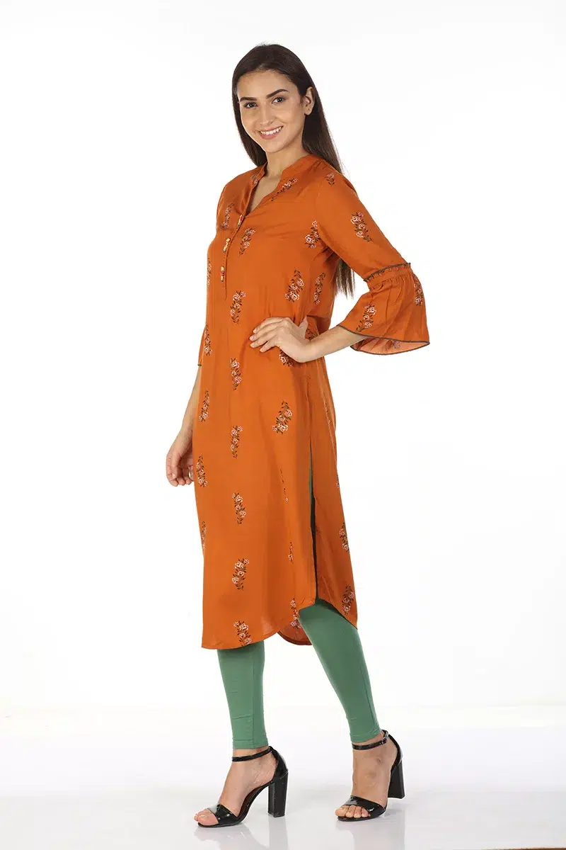 Rust Orange Floral Printed Women Kurta Online