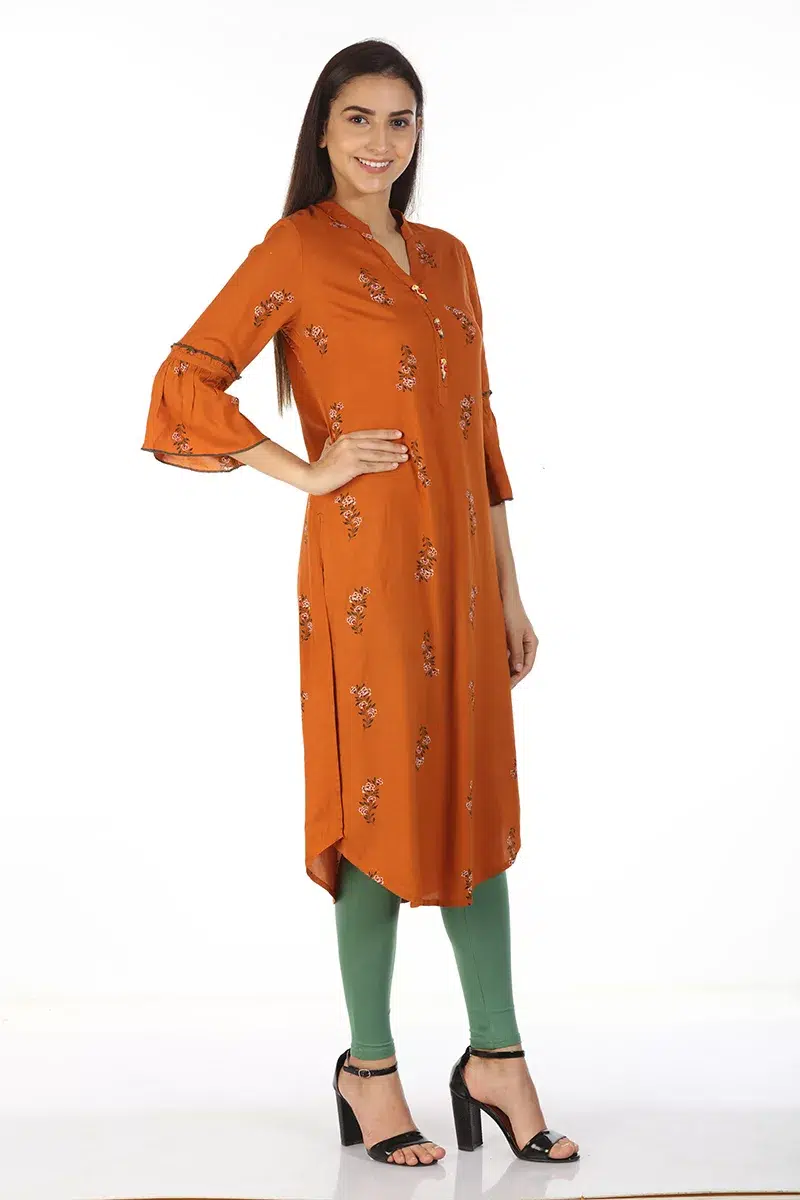 Rust Orange Floral Printed Women Kurta Online