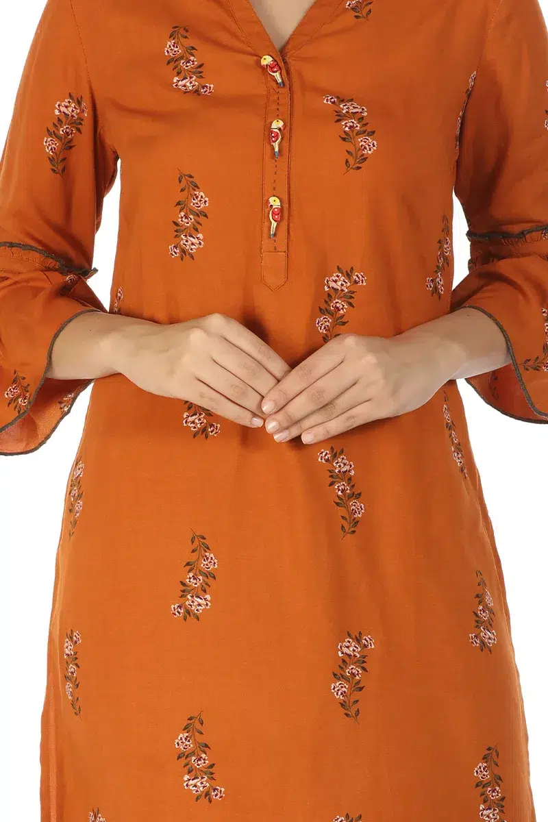 Rust Orange Floral Printed Women Kurta Online