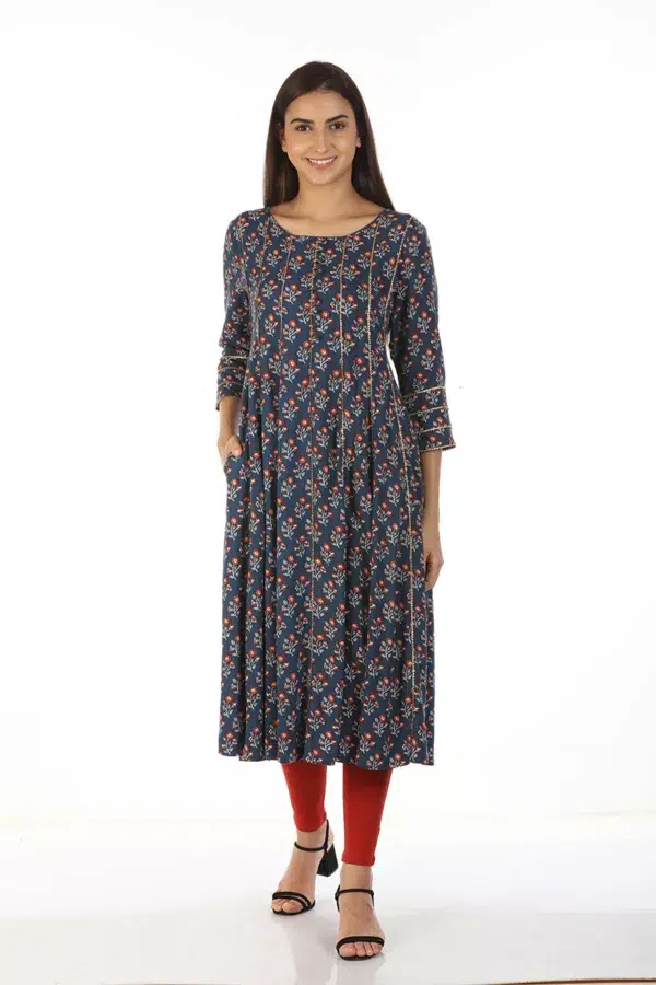 Floral Printed Blue Kurta Woman