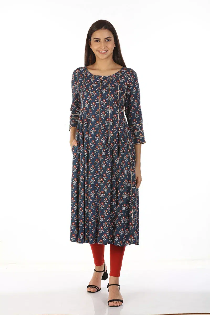 Floral Printed Blue Kurta Woman