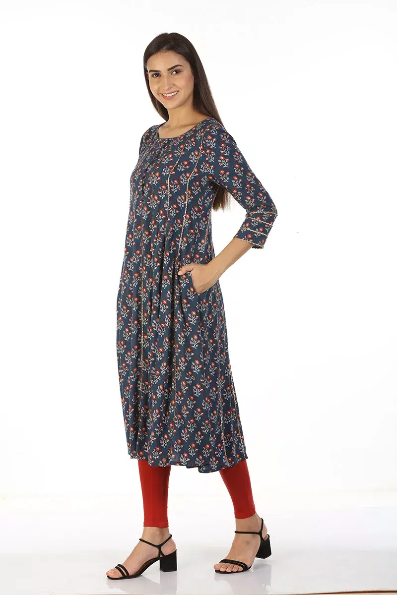 Floral Printed Blue Kurta Woman