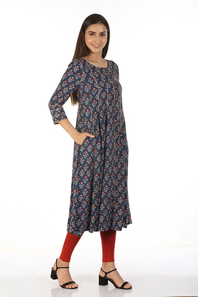 Floral Printed Blue Kurta Woman