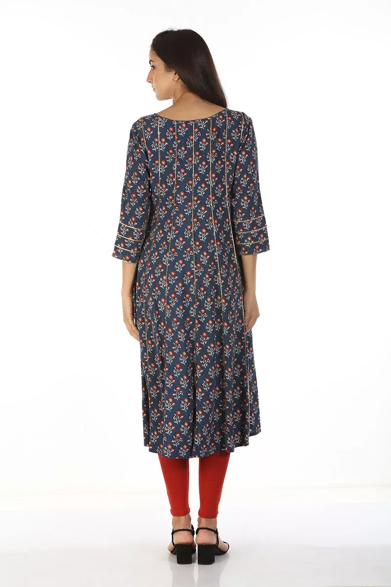 Floral Printed Blue Kurta Woman